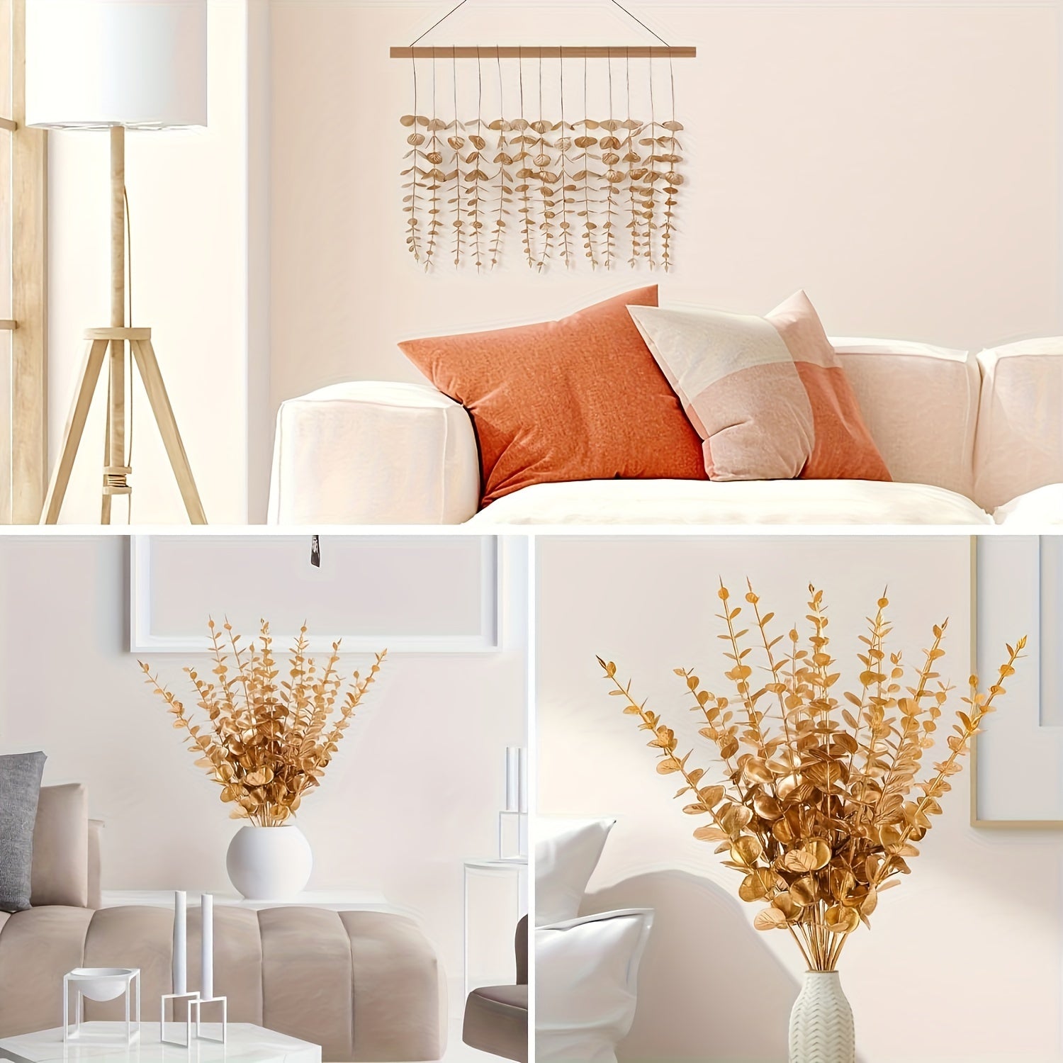 1pc/6pcs, Golden Artificial Eucalyptus Leaves, Simulated Eucalyptus Branches And Golden Flowers, Real Touch Plastic Golden Plants, Suitable For Home Arrangement Desktop Centerpiece Christmas Decoration, Autumn DecorationThanksgivingHalloweenChristmas