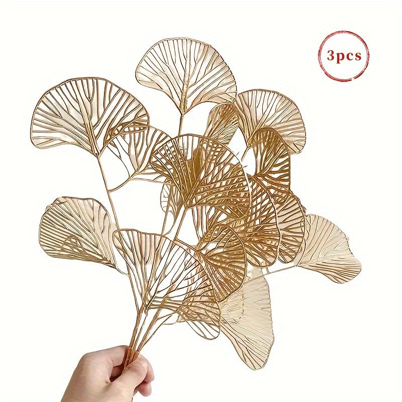 3-Pack Golden Ginkgo Leaves Artificial Stems – Versatile Fake Foliage for Home Decor, Living Room, Tabletop, DIY Craft, Wedding, Garden, Spring & Chinese New Year Decorations without Container