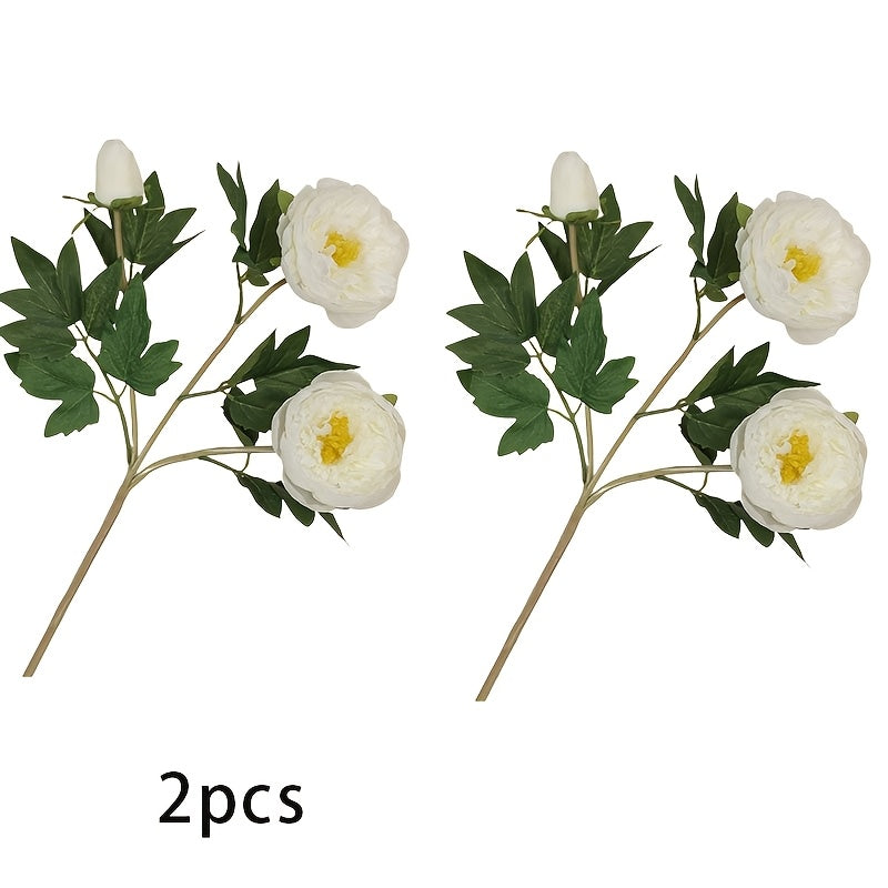 2 Bouquets of 3 Artificial Peony Silk Flowers with Leaves for Home, Office, Wedding, Party, and Festival Decor - Plastic, Multi-Room Use, Bar Decor
