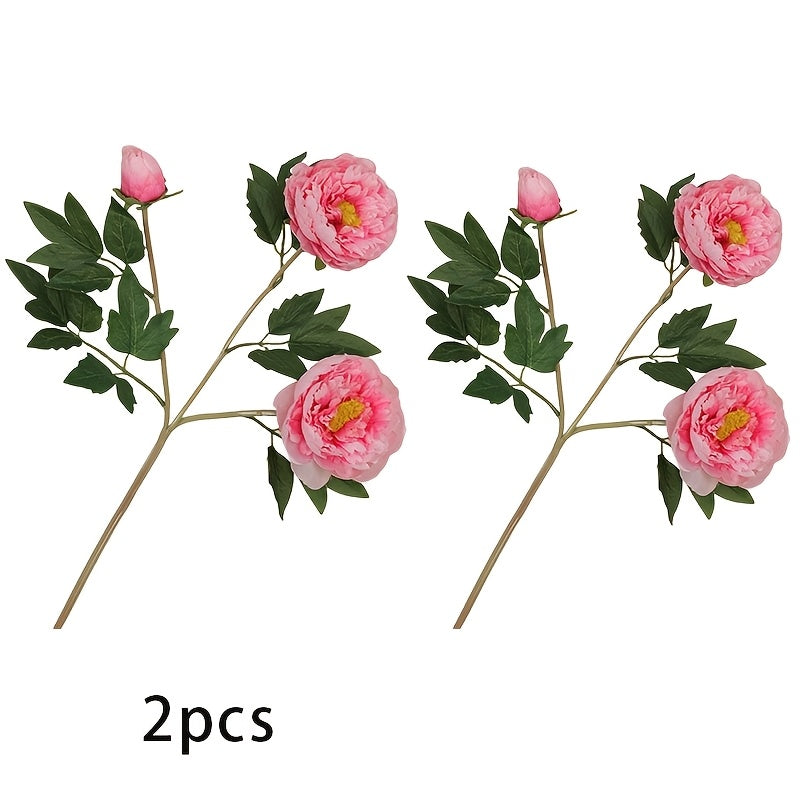 2 Bouquets of 3 Artificial Peony Silk Flowers with Leaves for Home, Office, Wedding, Party, and Festival Decor - Plastic, Multi-Room Use, Bar Decor
