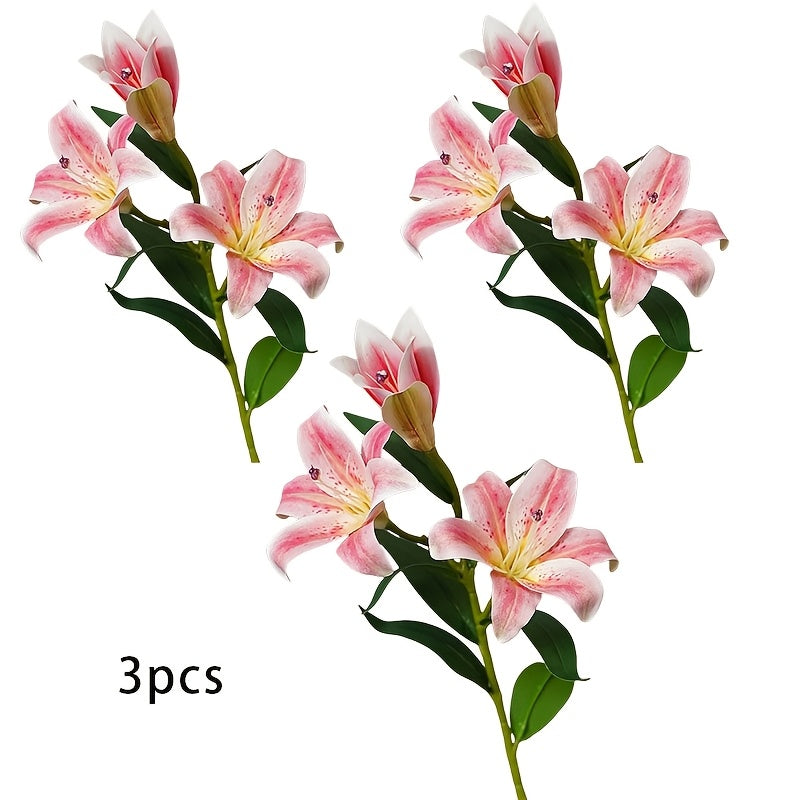 3pcs Real Touch Artificial Lily Stems - Plastic Faux Tiger Lily Branches for Home Decor, Tabletop, Wedding Bouquet - No Container, Electricity-Free, Ideal for Christmas, Easter, Thanksgiving, Mother&