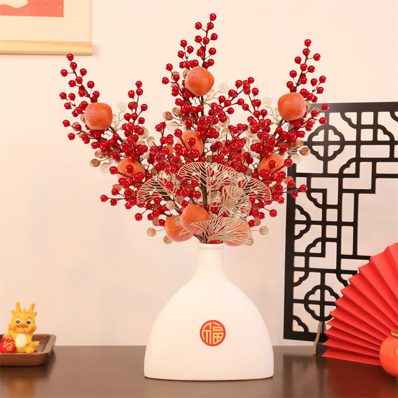 20in Golden Ginkgo & Red Berry Artificial Bouquet - Perfect for Chinese New Year, Home & Office Decor