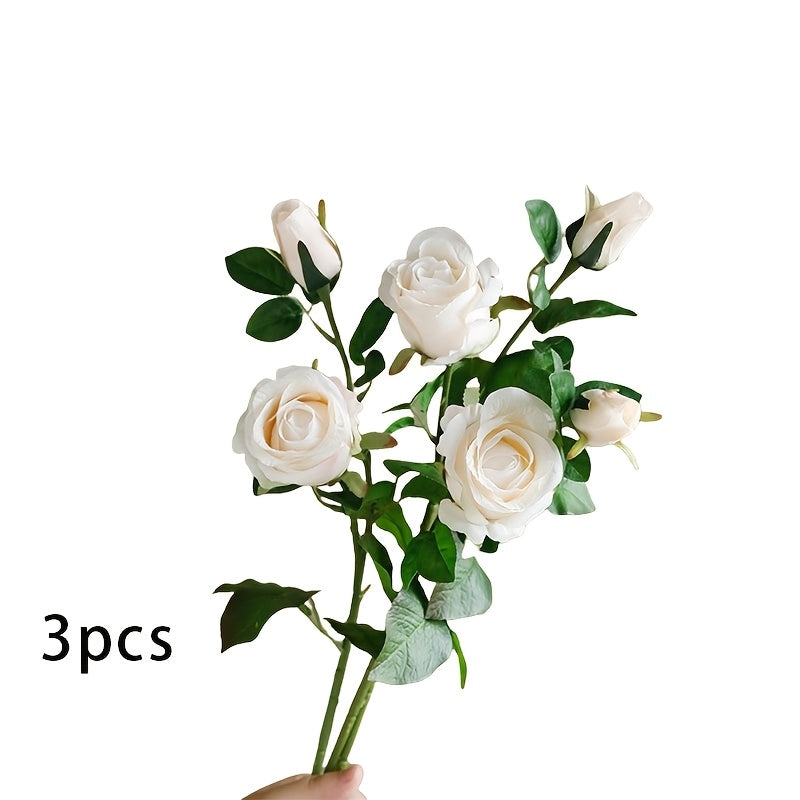 3pcs Elegant Lace Rose Artificial Flowers with Long Stems - Perfect for DIY Wedding Bouquets, Table Centerpieces & Home Decor