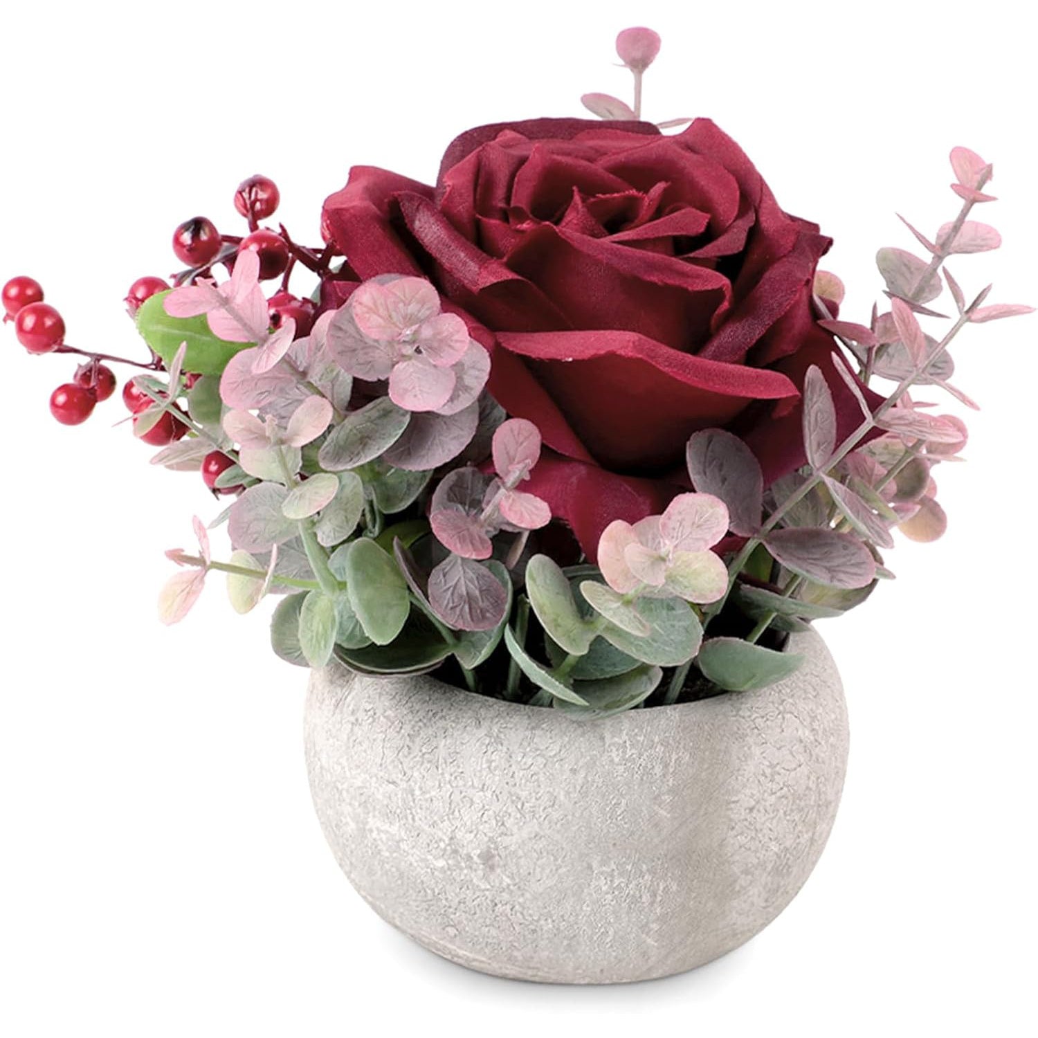 1pc Classic Artificial Rose and Greenery Arrangement in Pot - 6in Plastic Floral Decor for Office, Bookshelf, Bedroom, Living Room - Ideal for Christmas, Thanksgiving, Valentine&