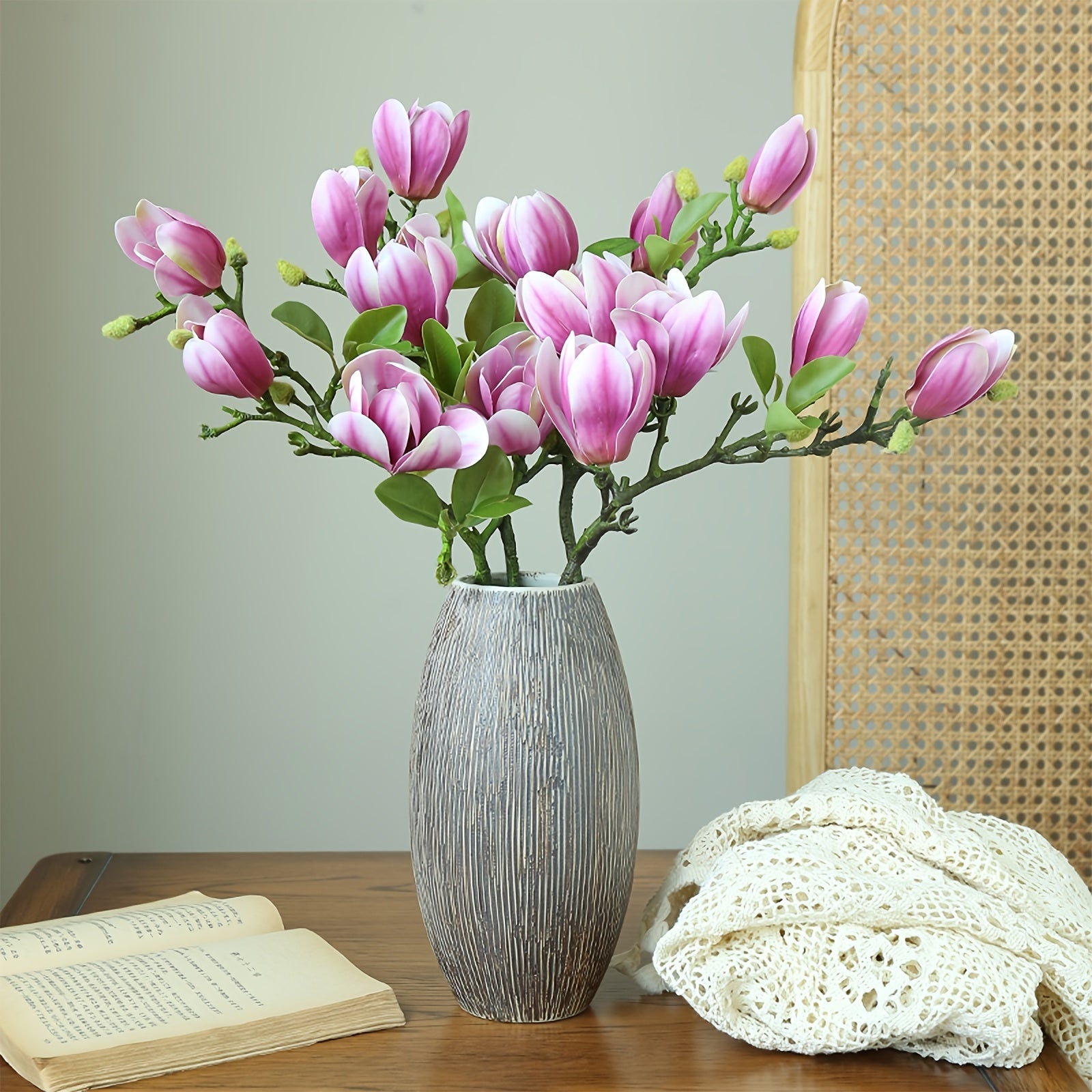 Boho Style Artificial Magnolia Flowers, 27.17" Long Stems, Plastic Floral Arrangements for Wedding Centerpieces, Home Decor, Valentine&