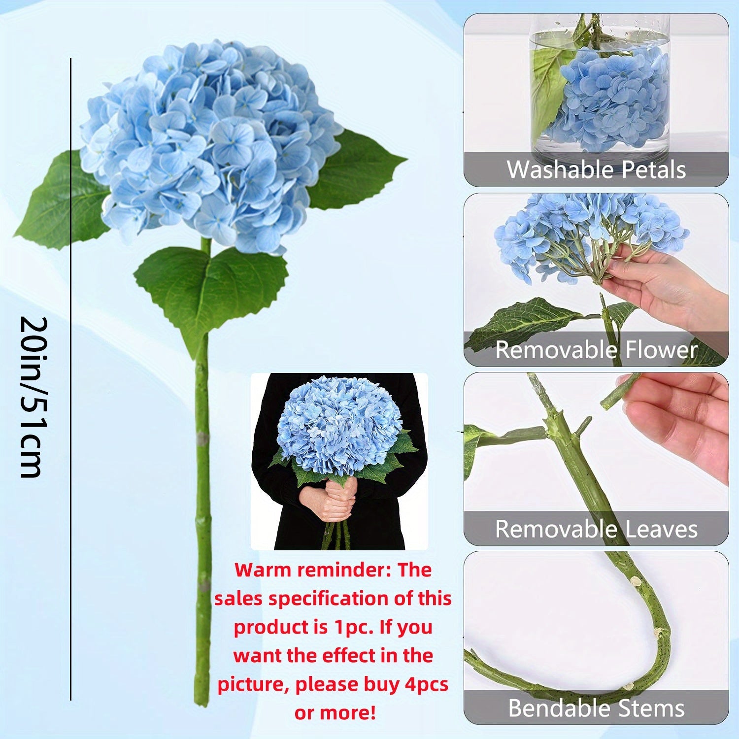 20" Silk Hydrangea Artificial Flower - Perfect for Weddings, Engagements, Home & Office Decor | No Vase Included | Ideal for Outdoor Events, Christmas, Valentine&