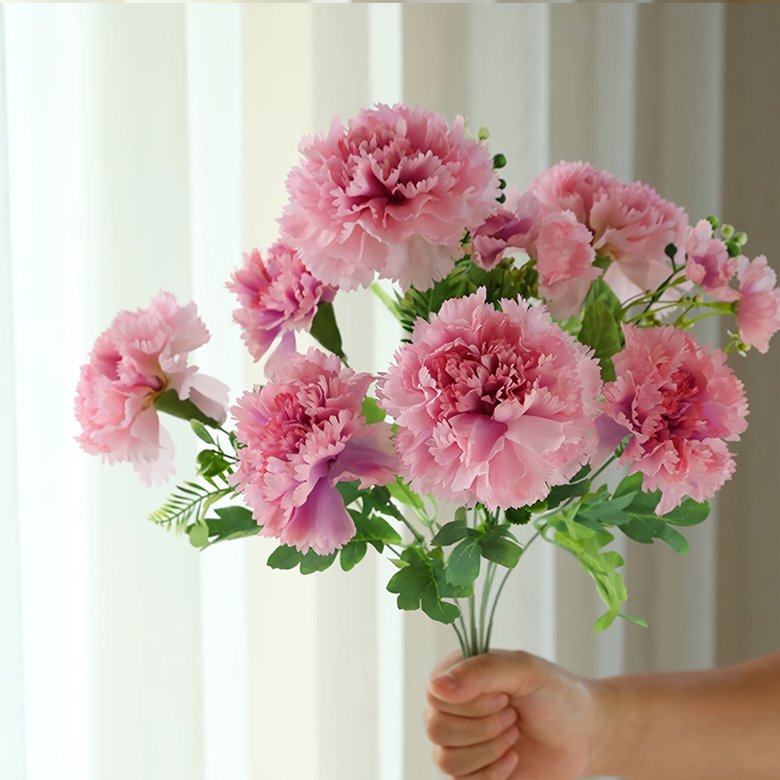 Boho Style Artificial Carnation Flowers with Stems, 10-Head Silk Pink Faux Floral Arrangement for DIY Home, Bridal Wedding, Birthday Party, Desk, Kitchen, Office Decor, Mother&