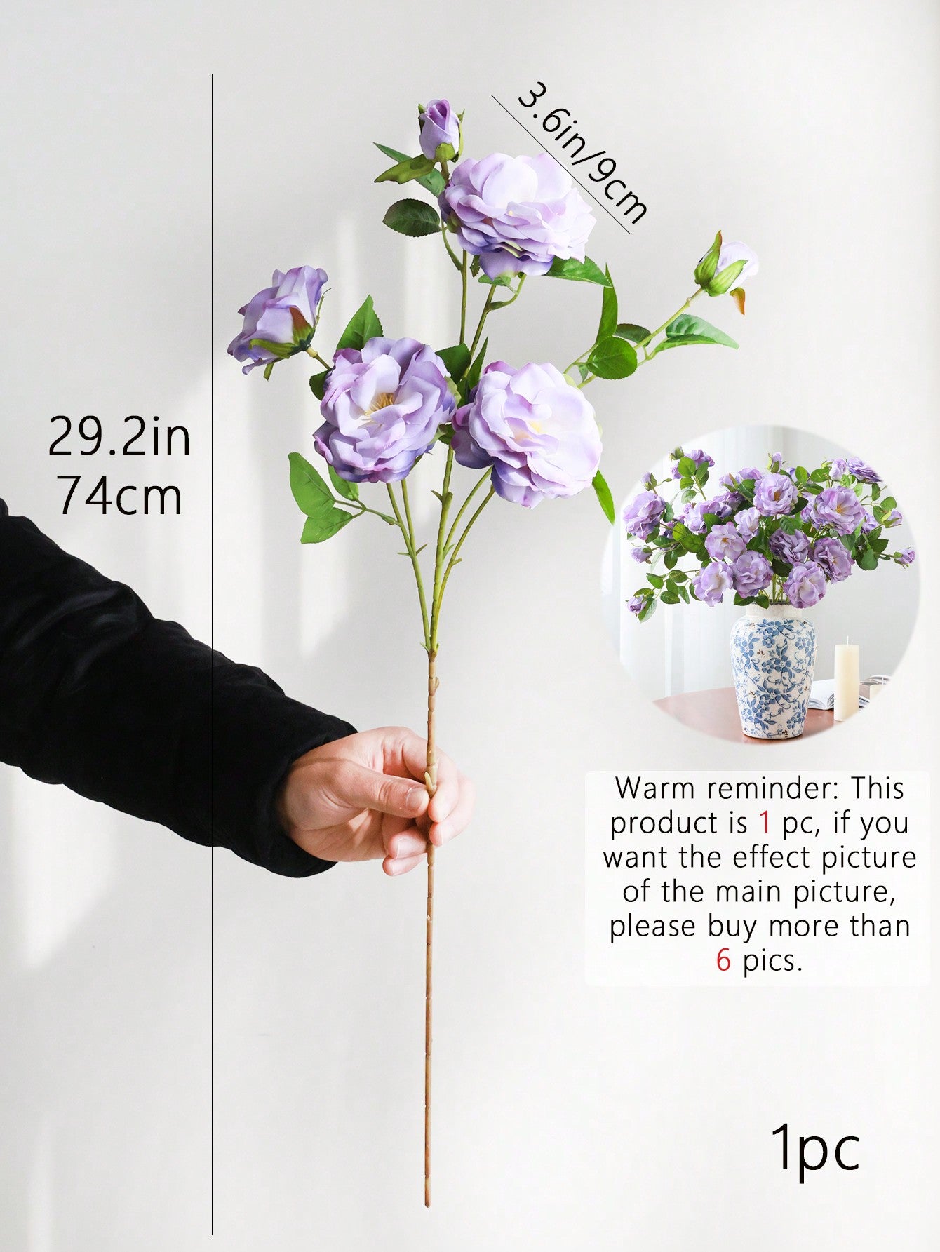 1pc, 74cm/29.2in, 1 Stem 6 Heads Rose Flower Bouquet, Suitable For Home Vase Decoration, Living Room Decoration, Wedding Arrangement, Garden Decoration, Valentine&