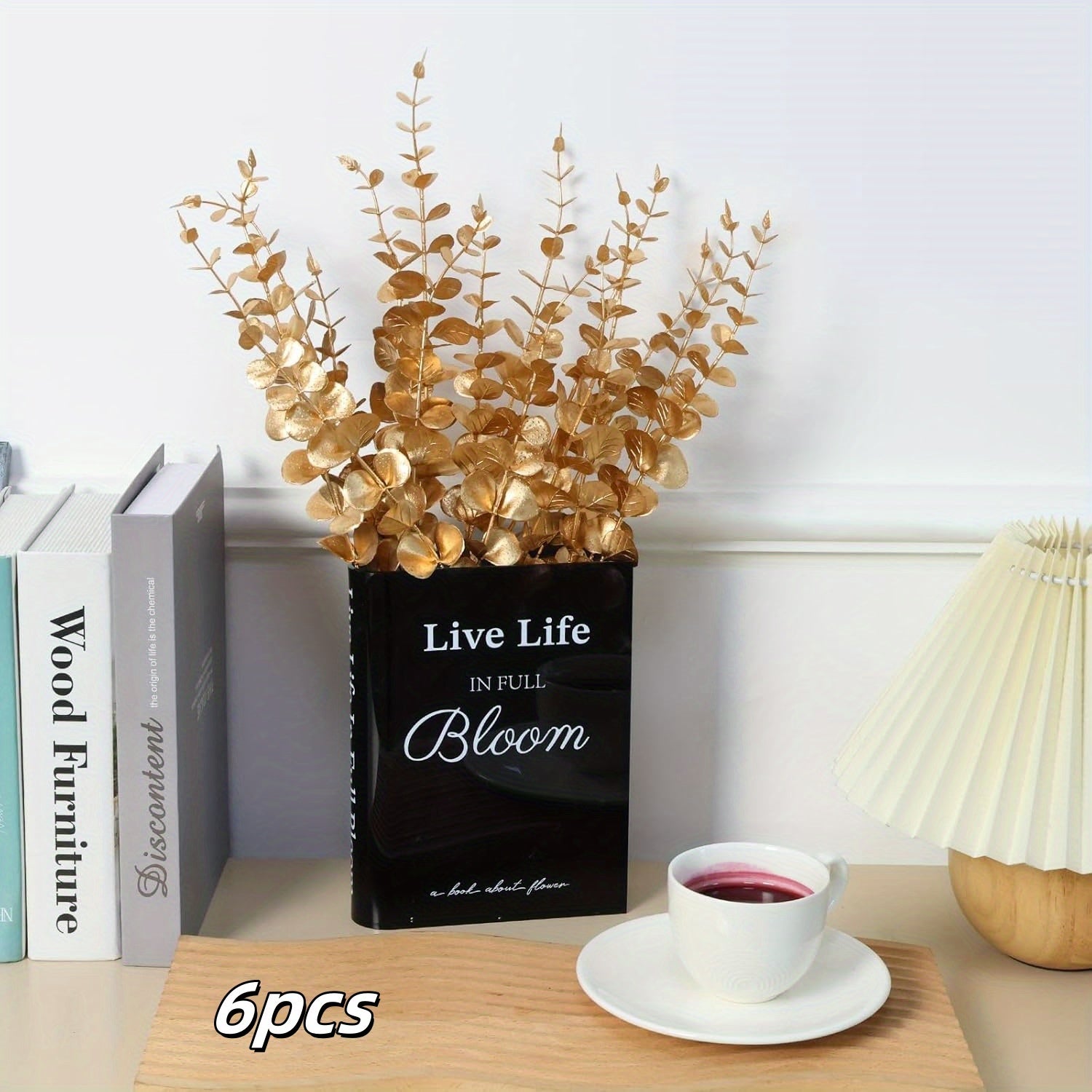 1pc/6pcs, Golden Artificial Eucalyptus Leaves, Simulated Eucalyptus Branches And Golden Flowers, Real Touch Plastic Golden Plants, Suitable For Home Arrangement Desktop Centerpiece Christmas Decoration, Autumn DecorationThanksgivingHalloweenChristmas