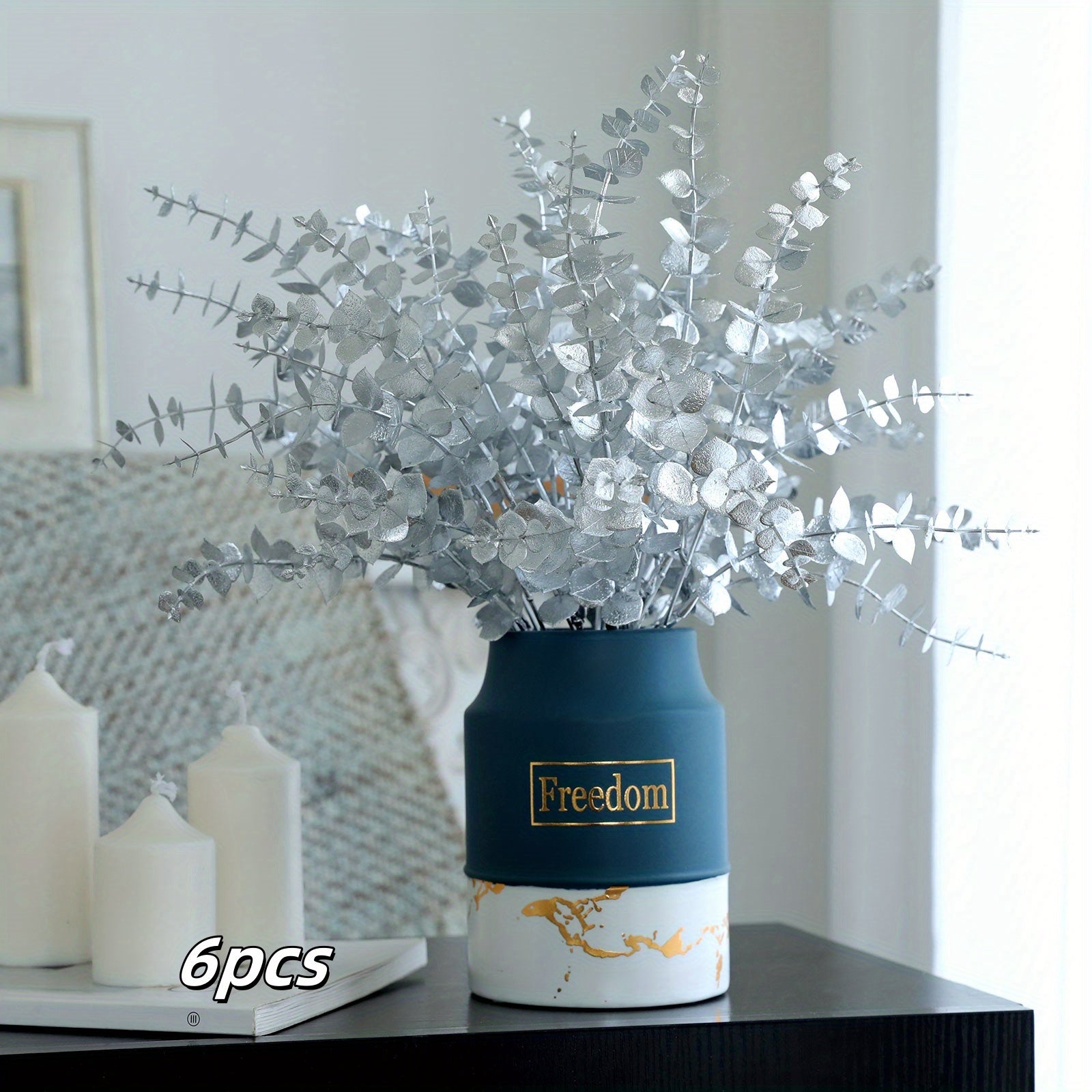 1pc/6pcs, Golden Artificial Eucalyptus Leaves, Simulated Eucalyptus Branches And Golden Flowers, Real Touch Plastic Golden Plants, Suitable For Home Arrangement Desktop Centerpiece Christmas Decoration, Autumn DecorationThanksgivingHalloweenChristmas