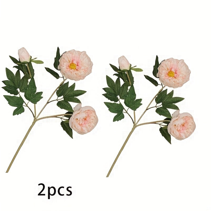2 Bouquets of 3 Artificial Peony Silk Flowers with Leaves for Home, Office, Wedding, Party, and Festival Decor - Plastic, Multi-Room Use, Bar Decor