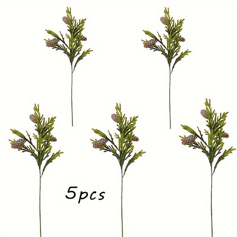 5-Pack Artificial Pine Branches with Pine Cones - Plastic Greenery Bouquet for Home Decor, Festive Tabletop Arrangements for Christmas, Hanukkah, Thanksgiving, Easter & Halloween - No Container or Power Needed