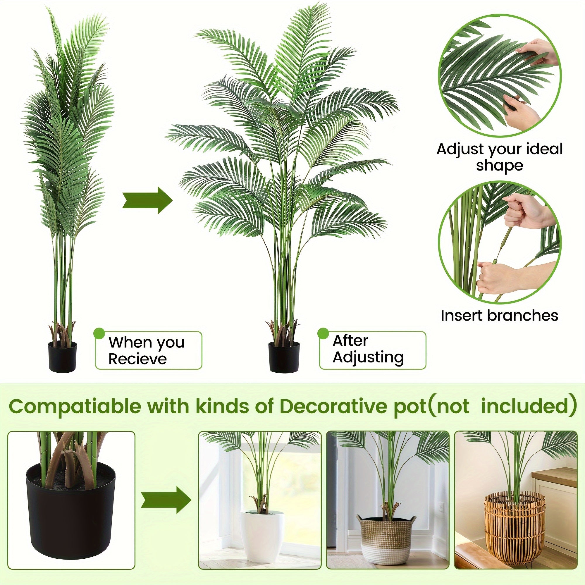 5.2ft Lifelike Artificial Palm Tree - Faux Areca with Adjustable Branches & 15 Trunks, Perfect for Indoor/Outdoor Decor, Home Office, and Housewarming Gift