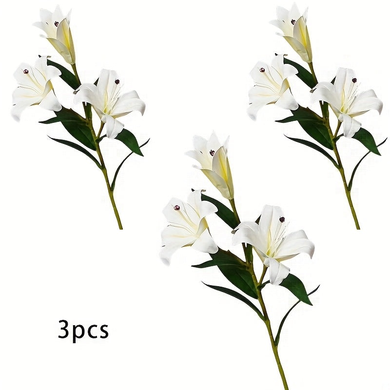 3pcs Real Touch Artificial Lily Stems - Plastic Faux Tiger Lily Branches for Home Decor, Tabletop, Wedding Bouquet - No Container, Electricity-Free, Ideal for Christmas, Easter, Thanksgiving, Mother&