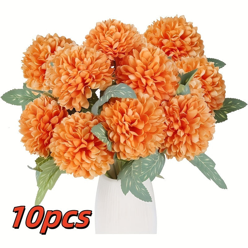 10pcs Boho Style 12in Orange Chrysanthemum Artificial Flowers - Silk Faux Autumn Mums for Home Decor, Fall Farmhouse Wedding Bouquets, Table Centerpieces, Christmas, Halloween, Thanksgiving, Valentine&
