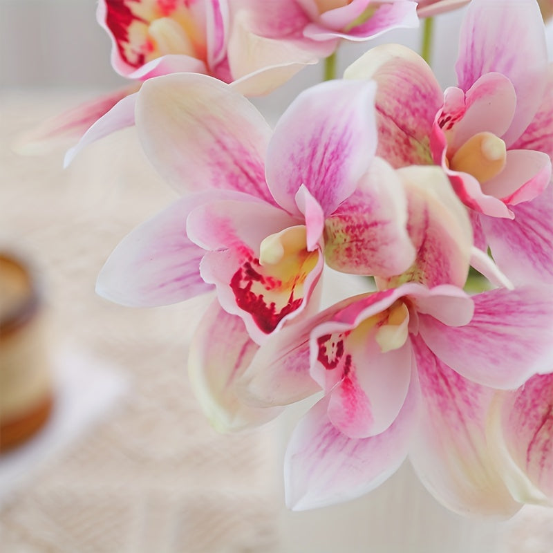 1pc Boho Chic Artificial Orchid Bouquet with 6 Blooms - Perfect for Home Decor, Weddings & Parties, Orchid, Double Stem, Silk