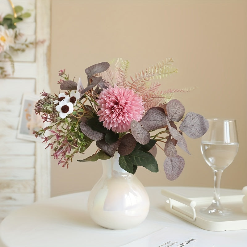 Classic Artificial Chrysanthemum & Eucalyptus Leaf Bouquet - Versatile Faux Floral Arrangement for Home, Kitchen, Table Decor, Weddings, and Seasonal Celebrations - Durable, Easy-to-Style Plastic Swags for Halloween, Easter, Valentine&