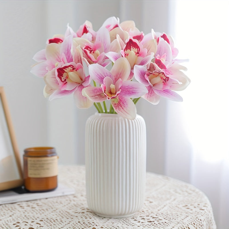1pc Boho Chic Artificial Orchid Bouquet with 6 Blooms - Perfect for Home Decor, Weddings & Parties, Orchid, Double Stem, Silk