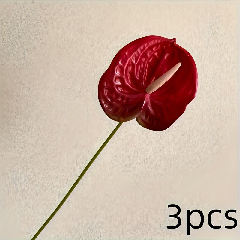 3-Pack Artificial Anthurium Flower Stems - Boho Style Versatile Plastic Floral Decor
