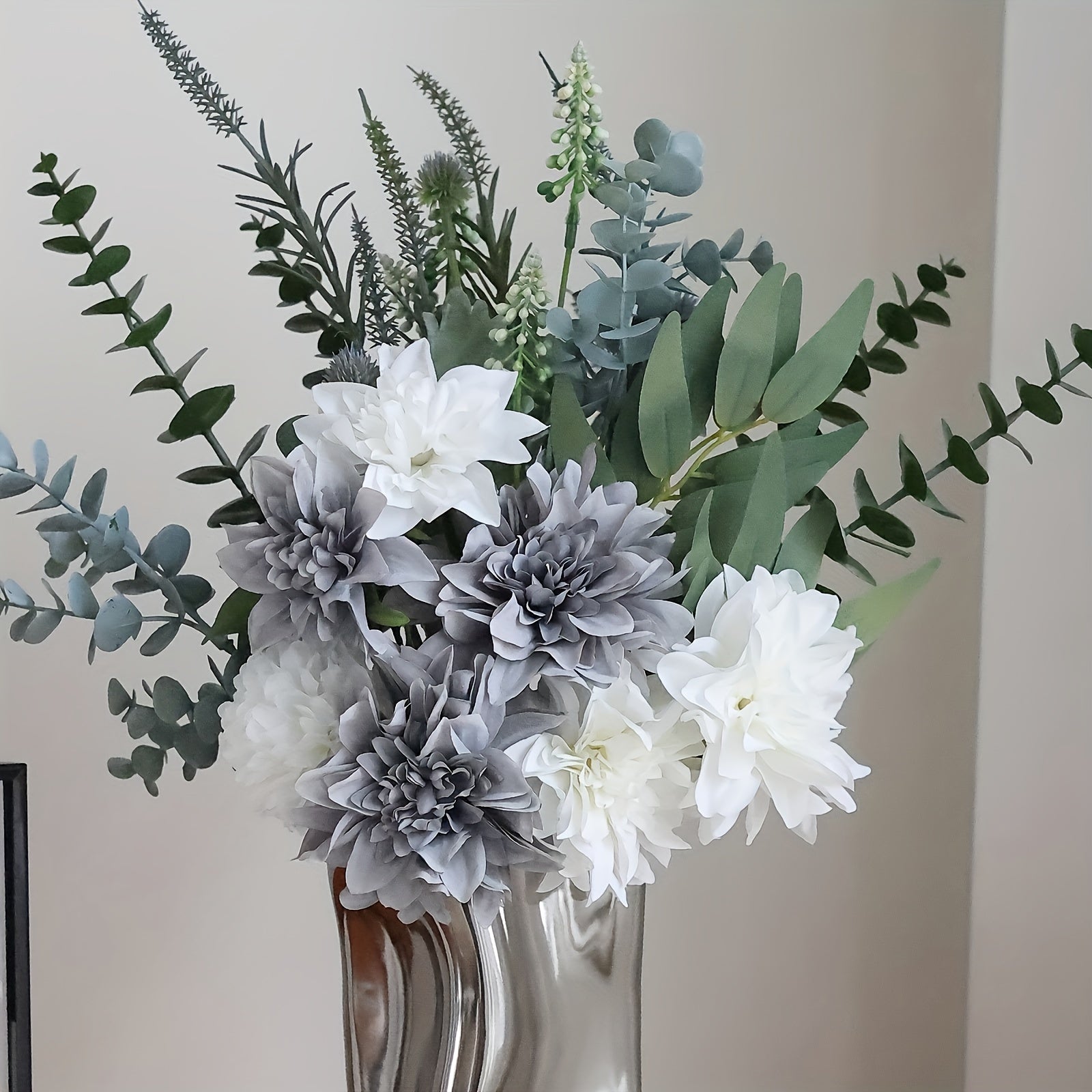 Festive Artificial Floral Arrangement, 15.7in/40cm, Fabric Dahlia & Eucalyptus, Home Decor for Living Room, Perfect for Birthday, Christmas, Easter, Thanksgiving, Valentine&