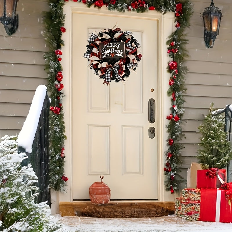 1pc Festive Fabric Christmas Wreath with Black Faux Leaves and Bow - Wall Mountable Holiday Decor for Home, Living Room, Kitchen, Door, Window, Patio, Wedding, Christmas, Thanksgiving, New Year, Mother&