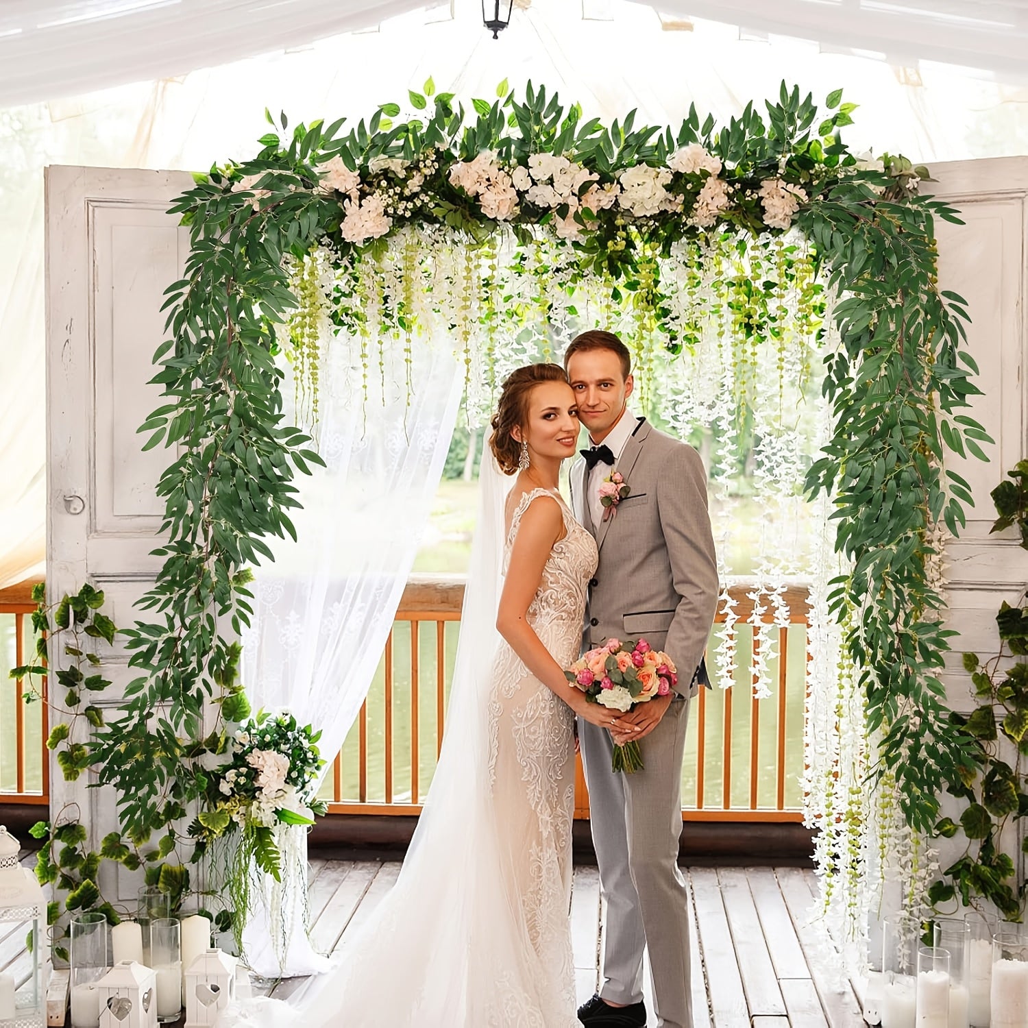 1pc, 27-inch Woody Leaf Italian Ruscus Green Stem, Artificial Green Leaf Wreath Vine Hanging Spray, for DIY Wedding Arch Bouquet