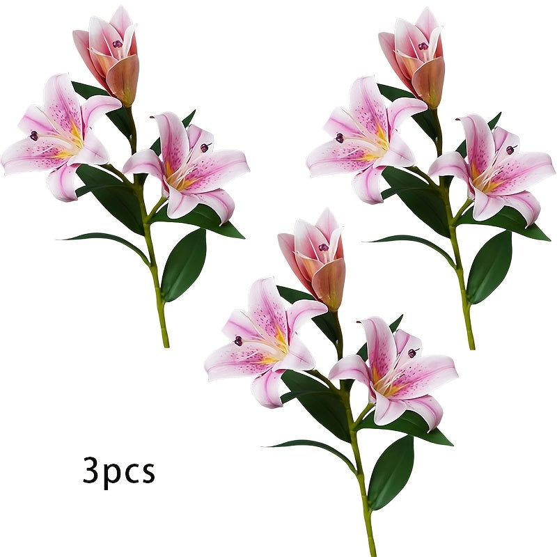 3pcs Real Touch Artificial Lily Stems - Plastic Faux Tiger Lily Branches for Home Decor, Tabletop, Wedding Bouquet - No Container, Electricity-Free, Ideal for Christmas, Easter, Thanksgiving, Mother&