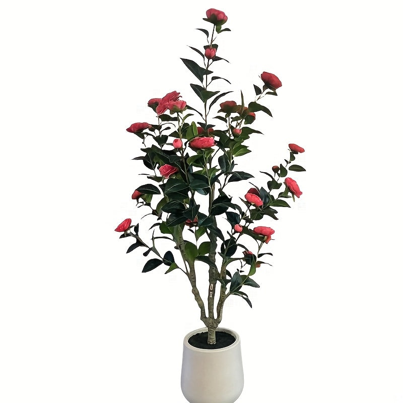 1pc Artificial Camellia Tree 4FT, Red/White Faux Camellia Plant 47" Fake Potted Camellia Flower Tree Plastic Camellia Tree for Modern Home Office Living Room Floor Decor Indoor