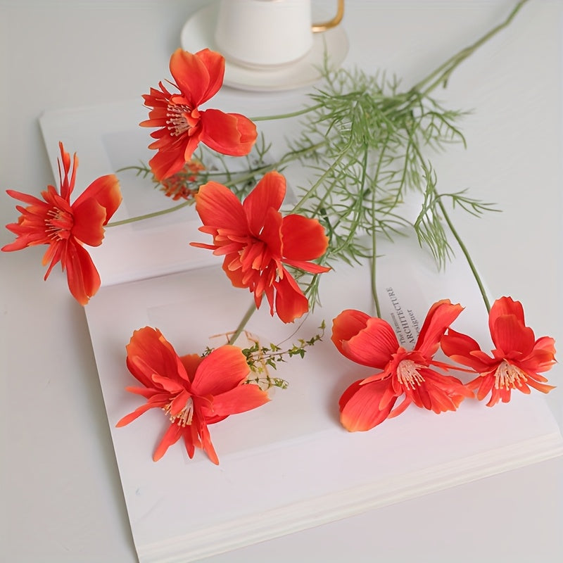 1pc MOHUAGE Classic Style 6-Head Flocked Cosmos Artificial Flowers, Versatile Plastic Floral Arrangement, with Suitable for Spring, Christmas, Halloween, Easter, Hanukkah, Thanksgiving, Valentine&