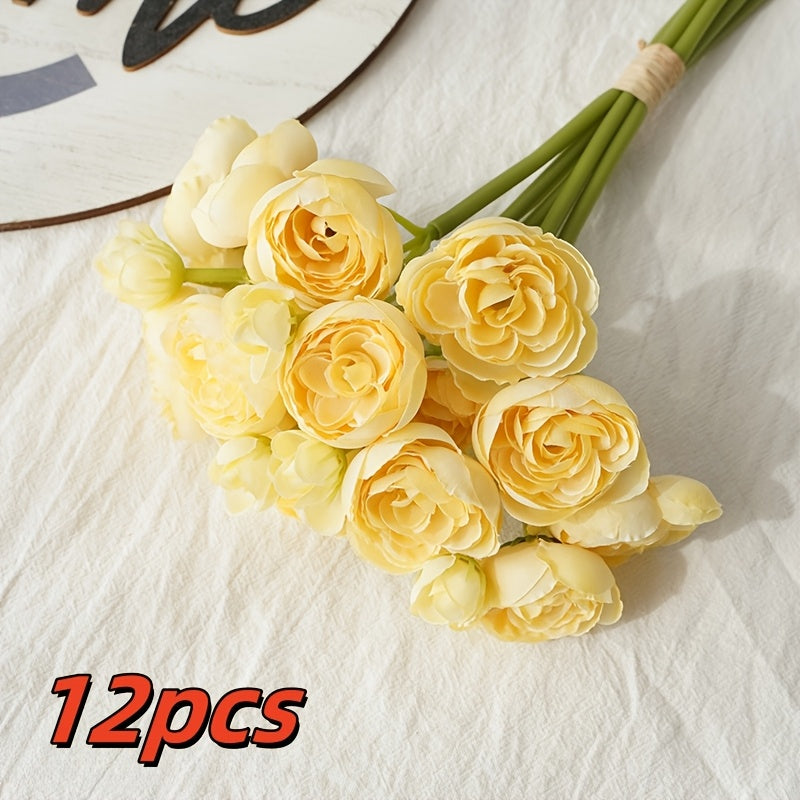 12pcs BloomBouquet Artificial Camellia Flower Arrangement - Plastic Tea Flowers for DIY Wedding, Proposal, Home & Living Room Decor - Versatile for Christmas, Thanksgiving, Valentine&