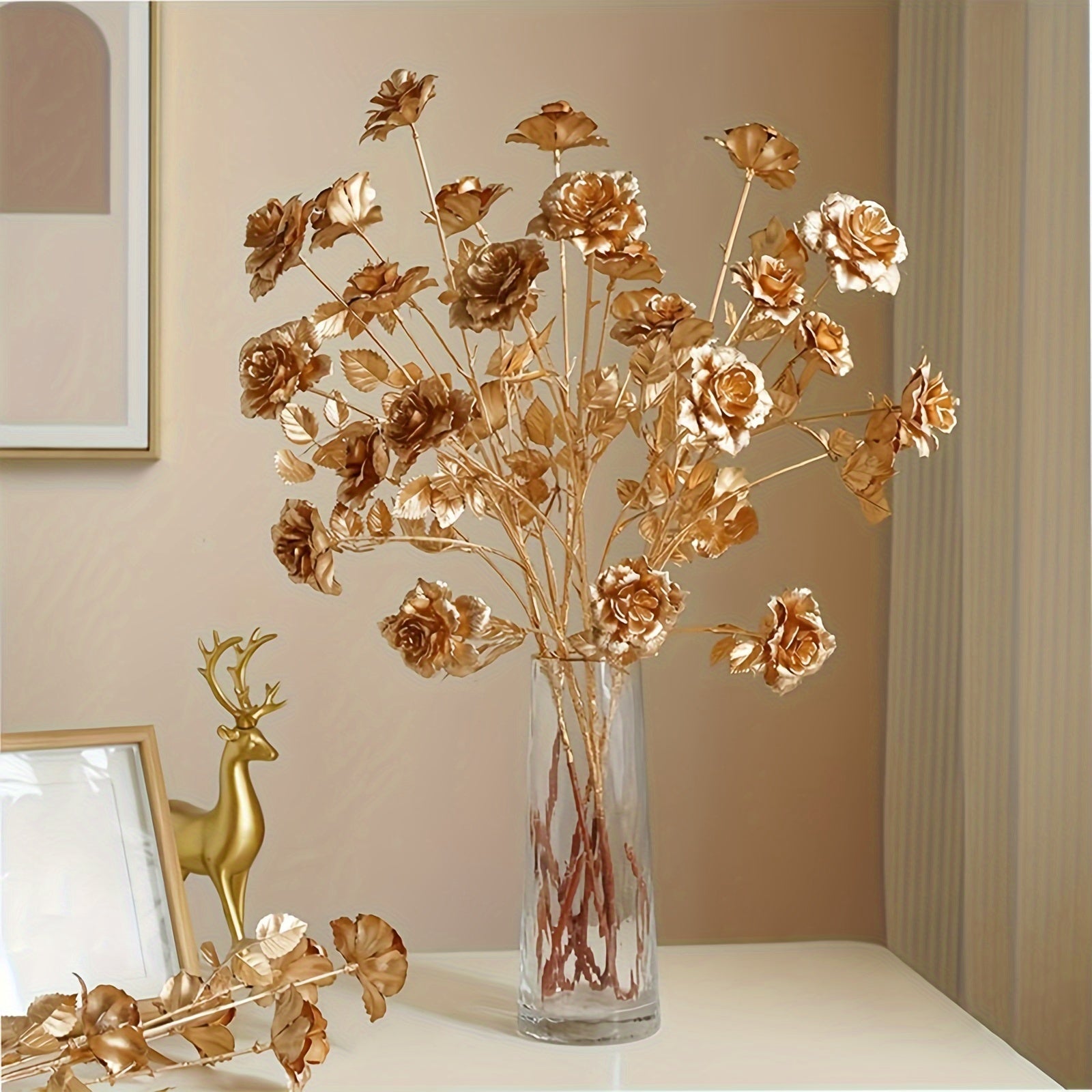 4/8pcs Golden Artificial Hydrangea Flowers, Plastic Faux Plant Stems for Vase, Home Garden Wedding Party Decor, All-Season Spring Tabletop Decoration, Ideal for Christmas, Halloween, Easter, Valentine&