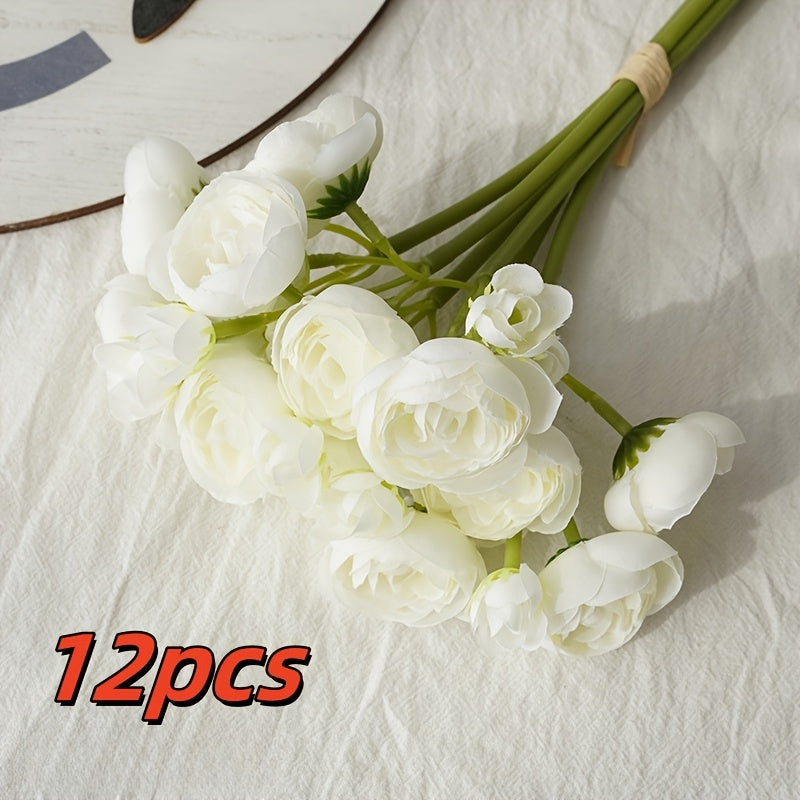 12pcs BloomBouquet Artificial Camellia Flower Arrangement - Plastic Tea Flowers for DIY Wedding, Proposal, Home & Living Room Decor - Versatile for Christmas, Thanksgiving, Valentine&