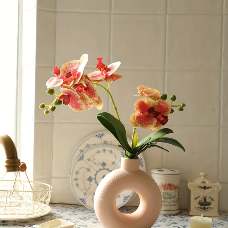 Boho Chic White Donut Vase with 2-Prong Artificial Orchid - Perfect for Weddings, Engagements & Home Decor - Durable Plastic Construction, Phalaenopsis Potted Plant, Bottle Ceramic