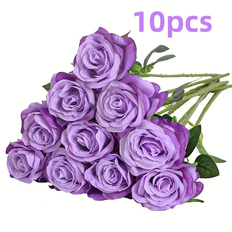 10pcs, Purple Roses Bouquet, Purple Flowers, for Wedding Home Party Decoration Event Gift, fake flowers, roses, roses artificial flowers, silk flowers, roses bouquet, (Light Purple)