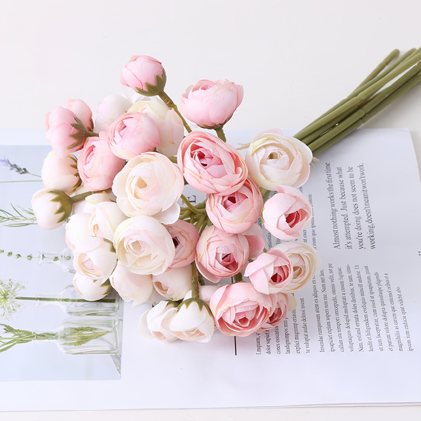3/5 Bunches of Artificial Mini Rose Camellia Bouquets, Hand-tied Artificial Flowers Brazilian Small Tea Roses, Perfect for DIY Bouquets, Wedding and Party Decorations, Home Office Desk Center Decorations, Outdoor Gardens, Engagement, Valentine&