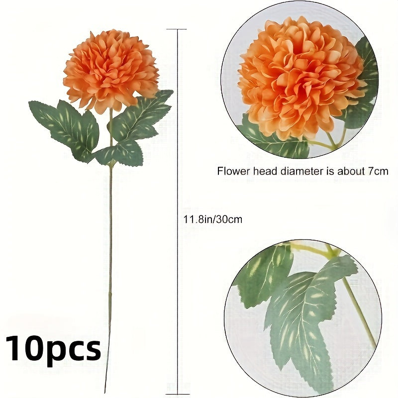 10pcs Boho Style 12in Orange Chrysanthemum Artificial Flowers - Silk Faux Autumn Mums for Home Decor, Fall Farmhouse Wedding Bouquets, Table Centerpieces, Christmas, Halloween, Thanksgiving, Valentine&