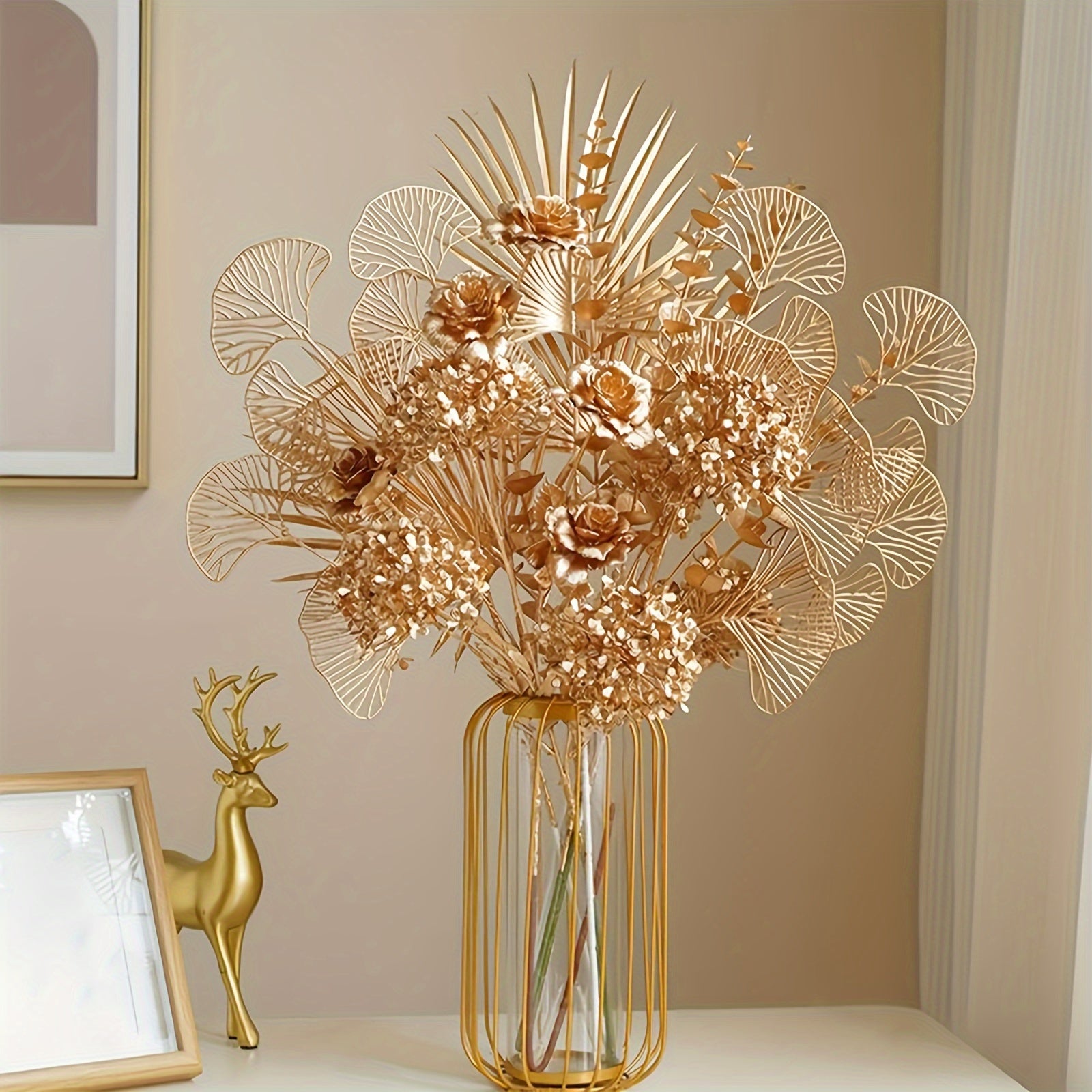 4/8pcs Golden Artificial Hydrangea Flowers, Plastic Faux Plant Stems for Vase, Home Garden Wedding Party Decor, All-Season Spring Tabletop Decoration, Ideal for Christmas, Halloween, Easter, Valentine&