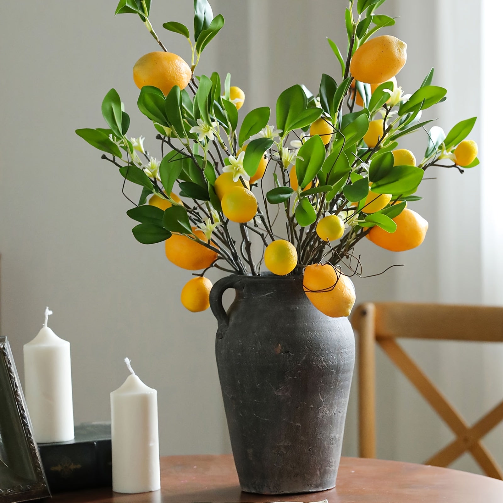 Art Deco Style 1/3/6pcs Artificial Lemon Branches with Green Leaves, 20.4" Plastic Faux Fruit Flowers for Home Office Decor, Seasonal Holiday Themes - Christmas, Valentine&