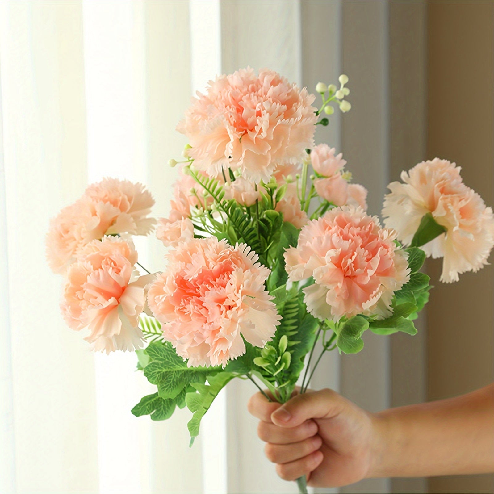 Boho Style Artificial Carnation Flowers with Stems, 10-Head Silk Pink Faux Floral Arrangement for DIY Home, Bridal Wedding, Birthday Party, Desk, Kitchen, Office Decor, Mother&