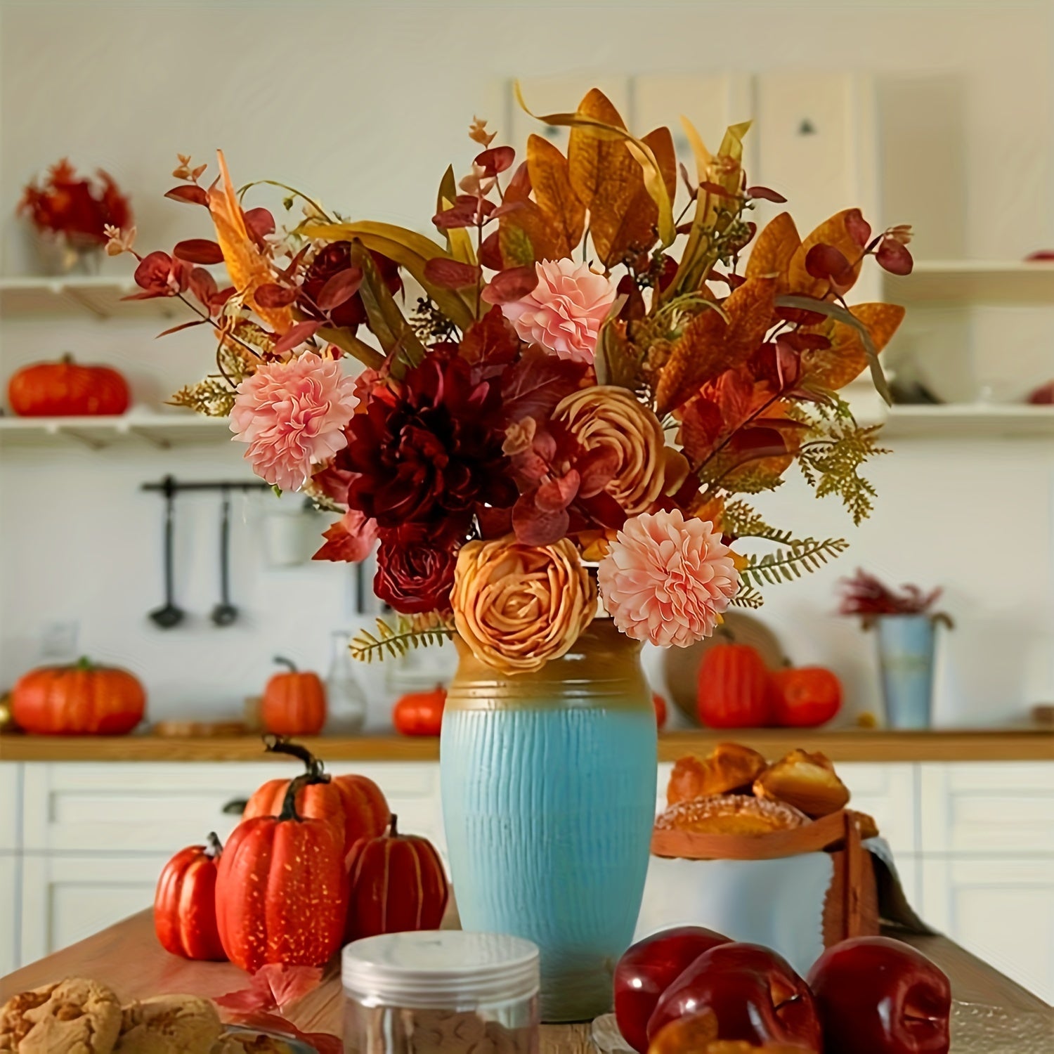 10pcs Boho Style 12in Orange Chrysanthemum Artificial Flowers - Silk Faux Autumn Mums for Home Decor, Fall Farmhouse Wedding Bouquets, Table Centerpieces, Christmas, Halloween, Thanksgiving, Valentine&