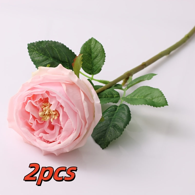 2pcs UKELER Real Touch Latex Pink Austin Roses, Plastic Artificial Flowers for Wedding Bouquet, Home Decor, Tabletop Arrangement, Thanksgiving, Christmas, Easter, Valentine&