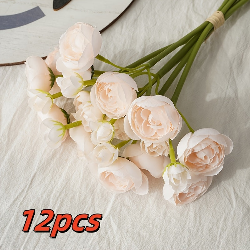 12pcs BloomBouquet Artificial Camellia Flower Arrangement - Plastic Tea Flowers for DIY Wedding, Proposal, Home & Living Room Decor - Versatile for Christmas, Thanksgiving, Valentine&