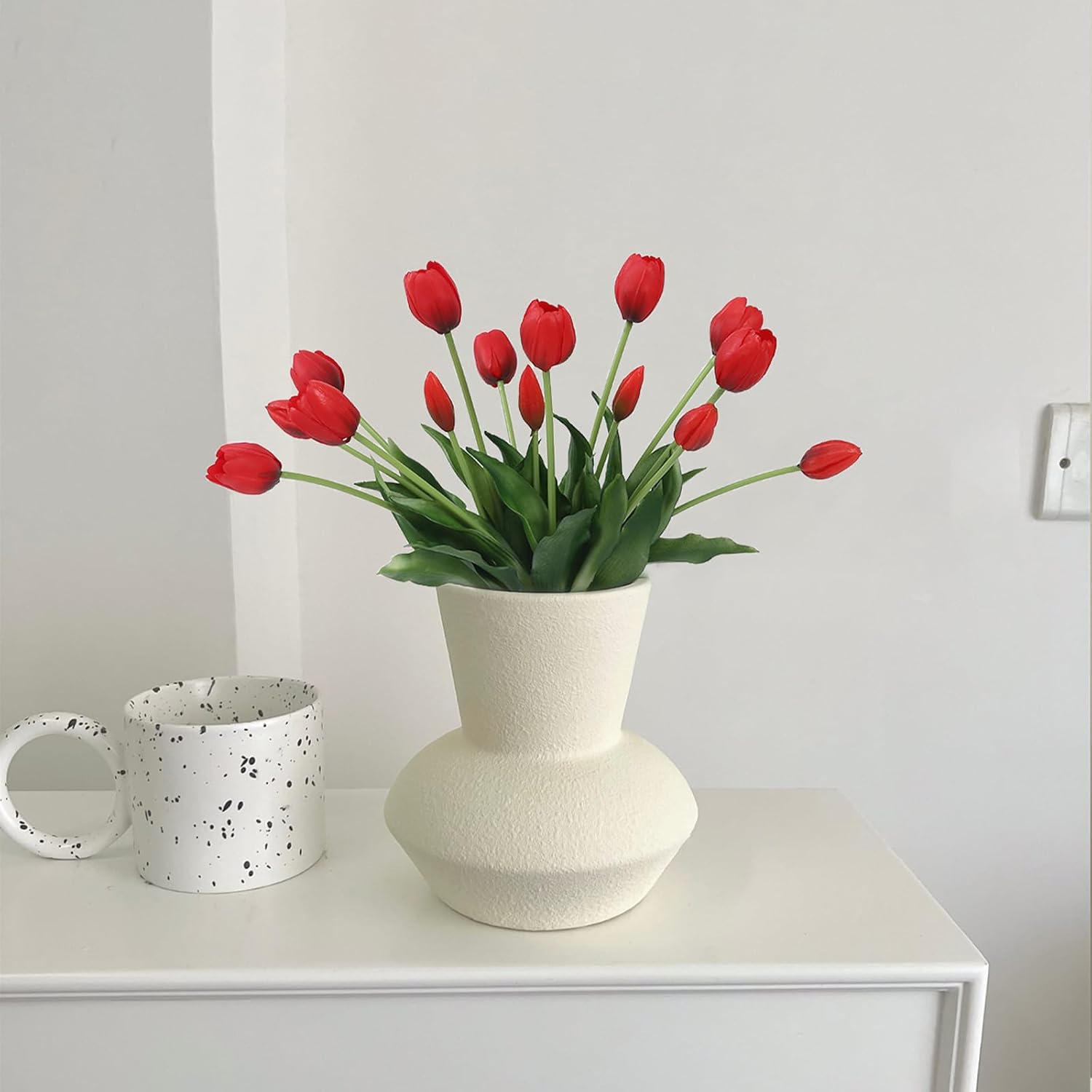 15 Pcs Red Artificial Flowers Tulips Real Touch Latex Plastic Soft Faux Bouquets for Party, Wedding, Home, Room, Garden Decor