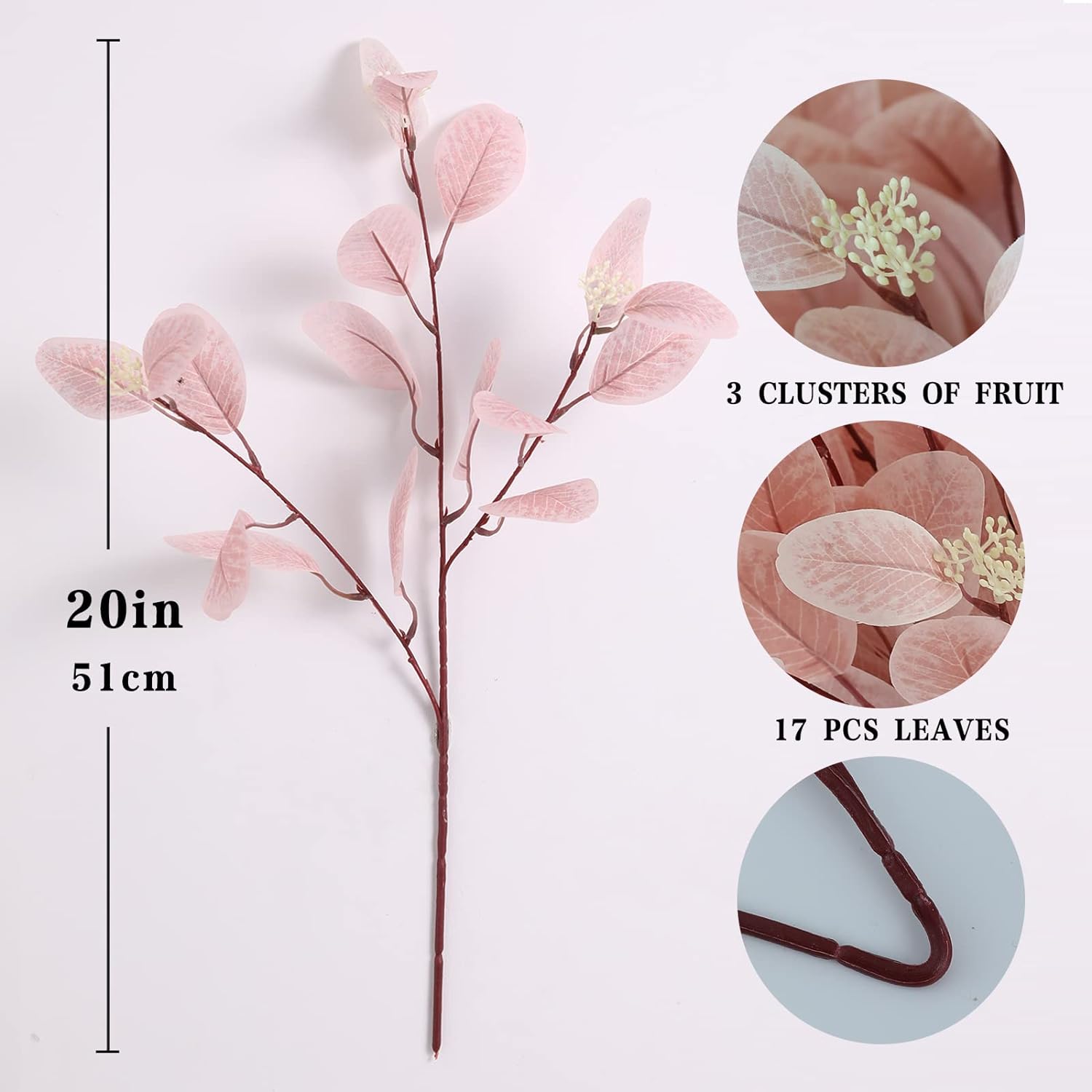 20" Silk Artificial Eucalyptus Stems, 12 Pcs Fake Eucalyptus Stem with Leaves Berries, Greenery Plants Floral Decorations for Wedding Party Home Flowers Arrangement Boho Decor (Blush)