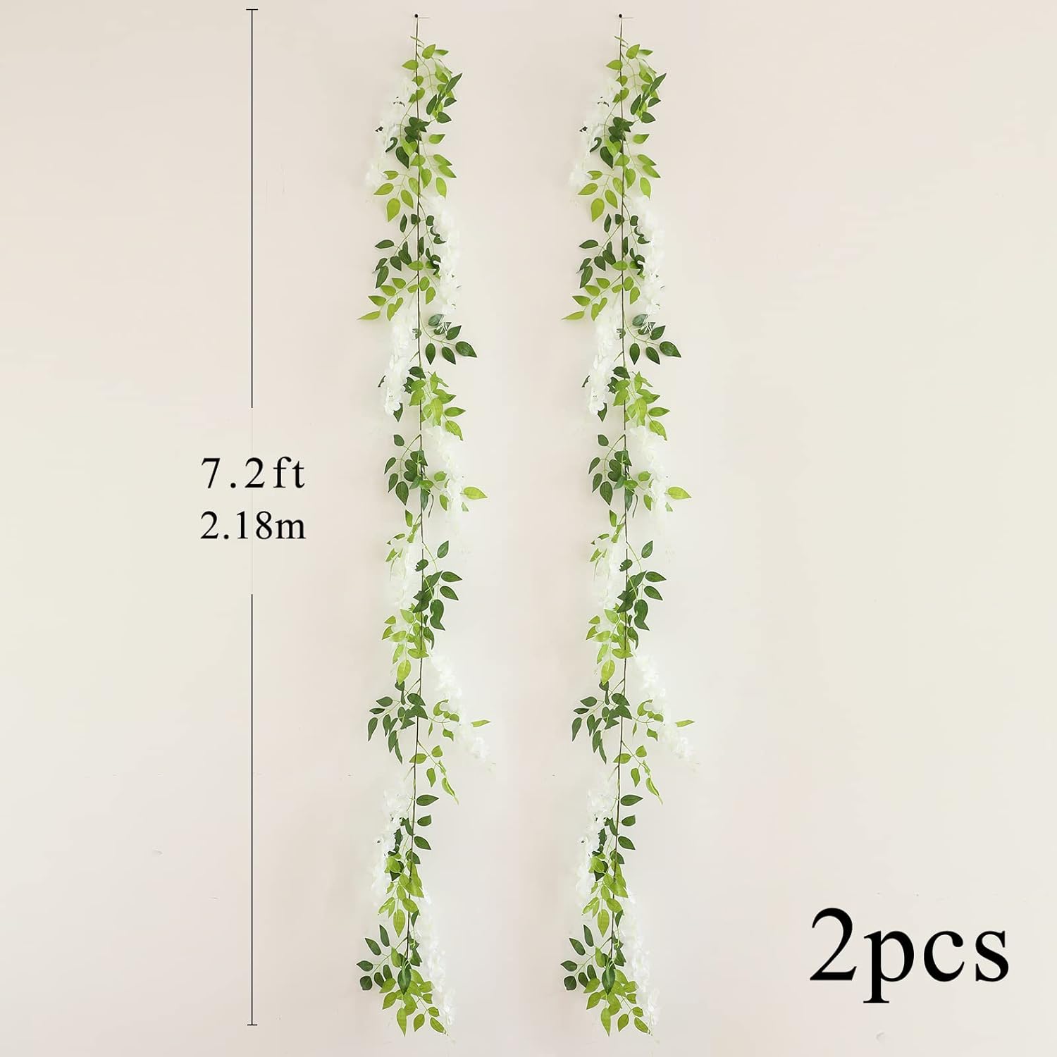 Wisteria Artificial Flowers Garland, 2Pcs 7.2Ft/Piece Silk Fake Wisteria Vine Kit, Hanging Flower for House Outdoor Garden Ceremony Outside Wedding Arch Floral Decor (2, White)