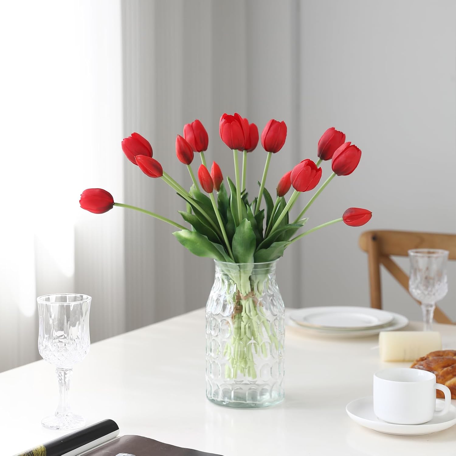 15 Pcs Red Artificial Flowers Tulips Real Touch Latex Plastic Soft Faux Bouquets for Party, Wedding, Home, Room, Garden Decor