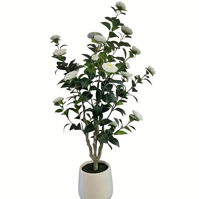 1pc Artificial Camellia Tree 4FT, Red/White Faux Camellia Plant 47" Fake Potted Camellia Flower Tree Plastic Camellia Tree for Modern Home Office Living Room Floor Decor Indoor