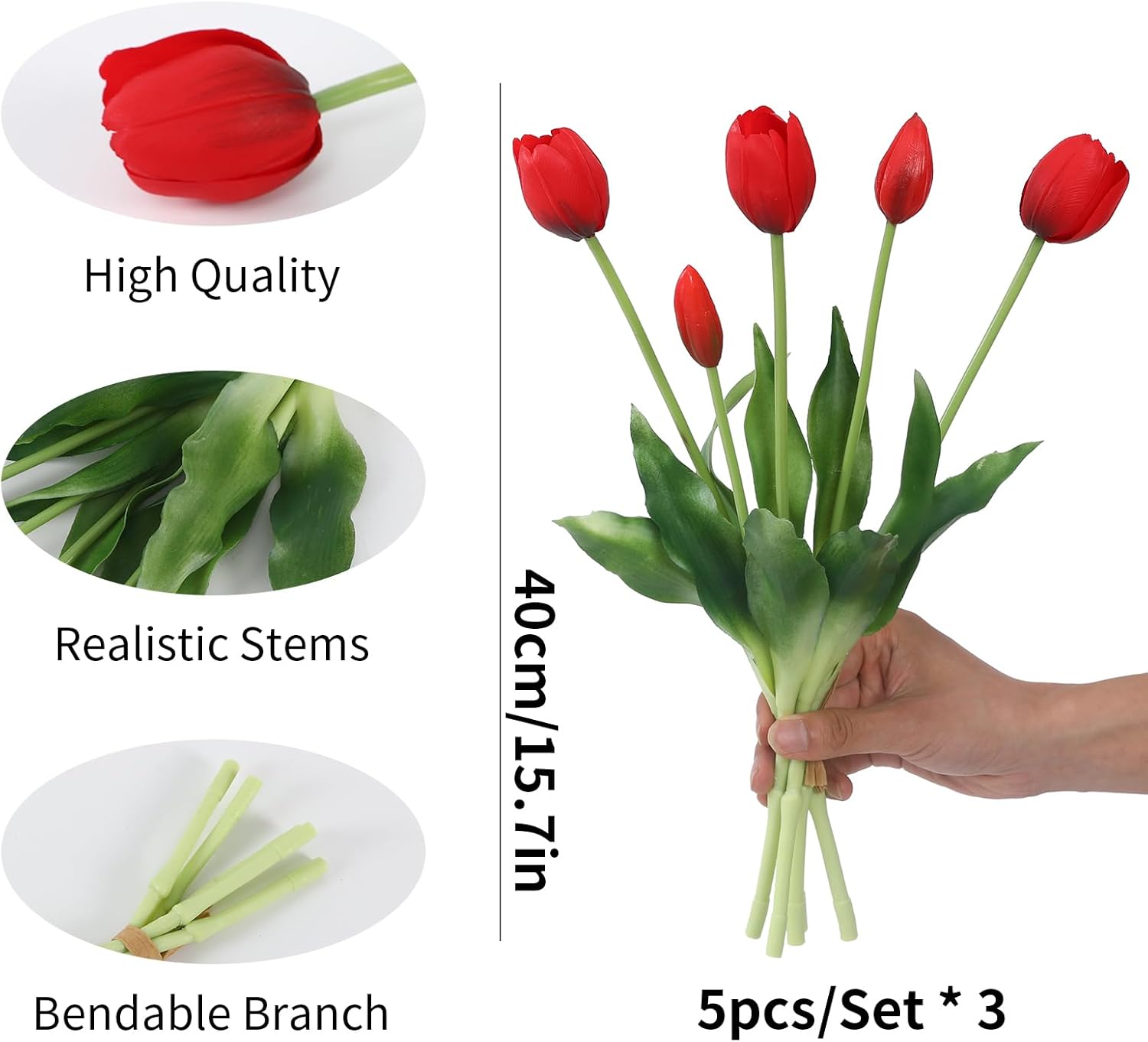 15 Pcs Red Artificial Flowers Tulips Real Touch Latex Plastic Soft Faux Bouquets for Party, Wedding, Home, Room, Garden Decor