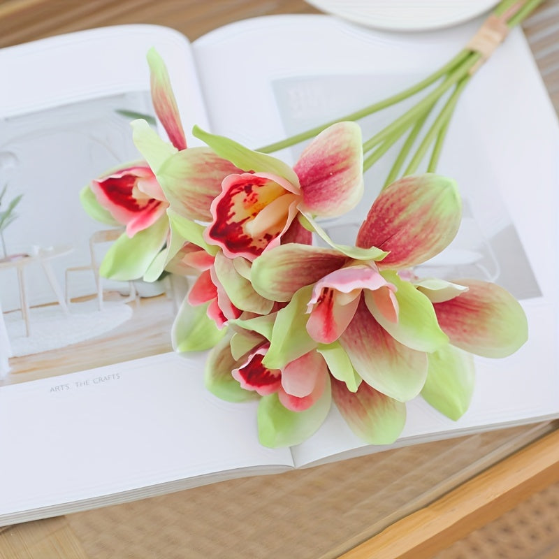 1pc Boho Chic Artificial Orchid Bouquet with 6 Blooms - Perfect for Home Decor, Weddings & Parties, Orchid, Double Stem, Silk