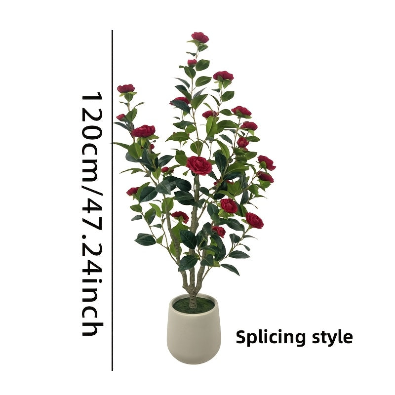 1pc Artificial Camellia Tree 4FT, Red/White Faux Camellia Plant 47" Fake Potted Camellia Flower Tree Plastic Camellia Tree for Modern Home Office Living Room Floor Decor Indoor